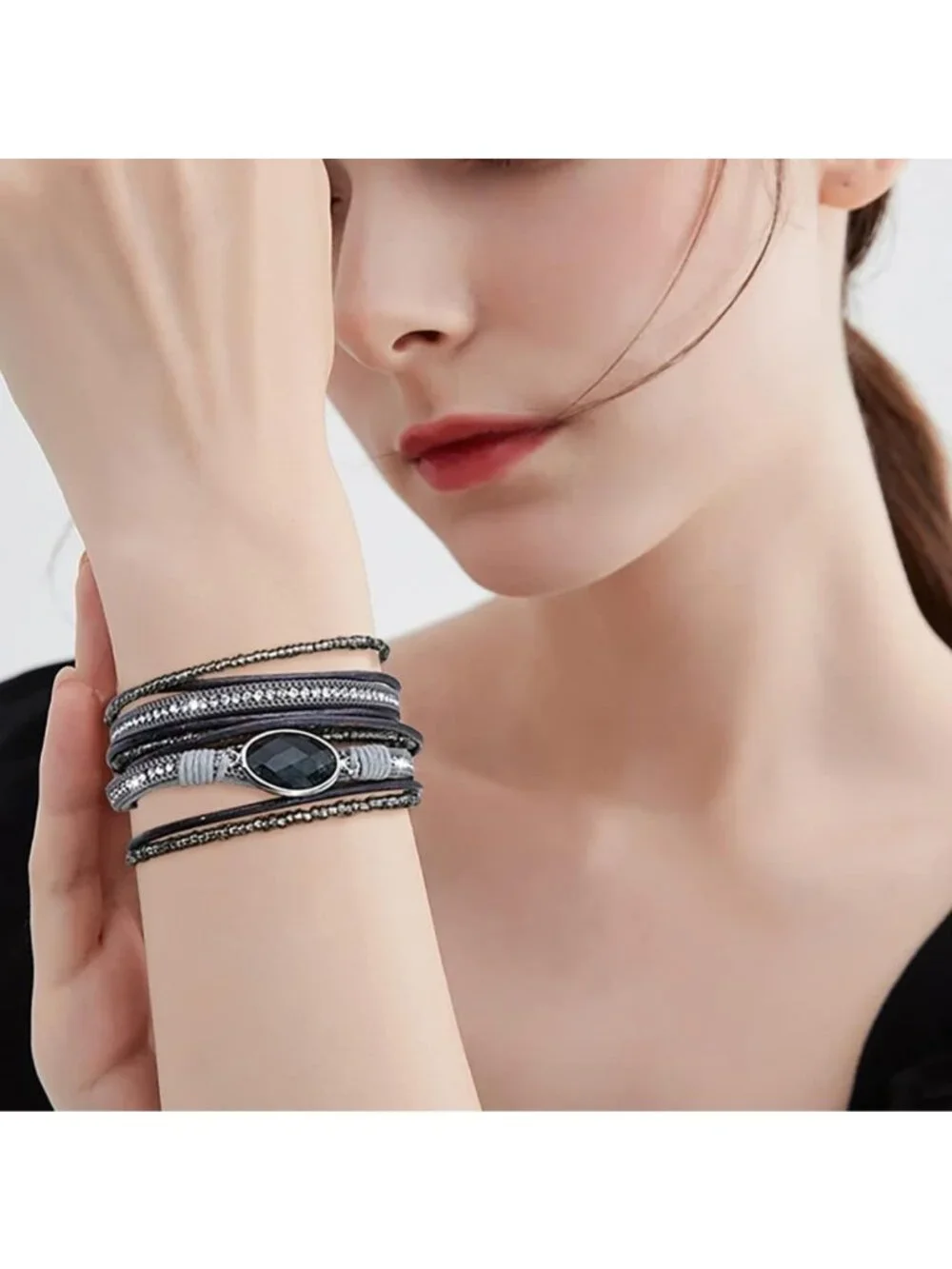 Stylish 3-Pack Leather Cuff Bracelets Set | Multilayer Wrap, Crystal & Feather